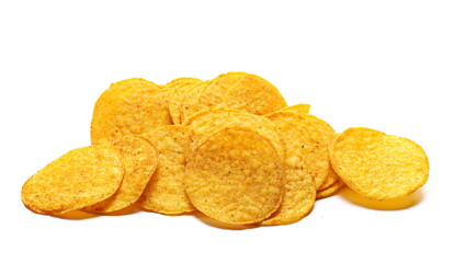 Chips tikka masala flavor, pile spicy taste isolated on white  