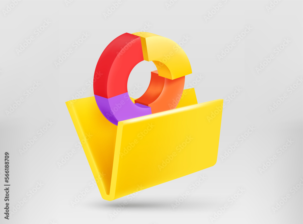 Poster yellow folder with pie chart. 3d vector illustration