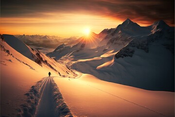 sunset in the Alps, winter landscape illustration 