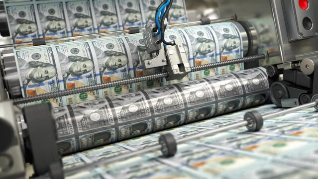 Printing money dollar bills on a print machine in typography.. Finance, tax, stock market and investment, making money concept. loopable 3d video animation