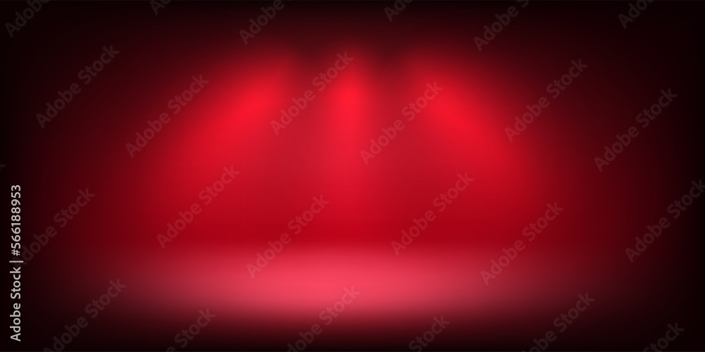 Aufkleber Abstract illuminated empty red stage with bright projectors. Design template. 3d vector background