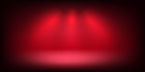 Abstract illuminated empty red stage with bright projectors. Design template. 3d vector background