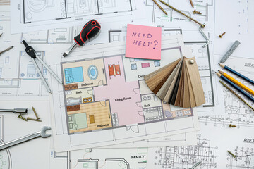 Drawing and drafting table with drawing tools spread out.