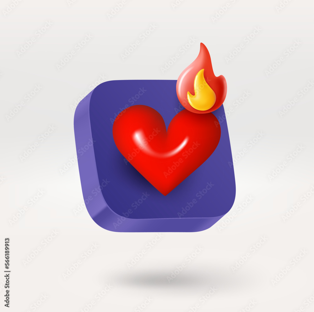 Aufkleber heart icon with flame sign. 3d vector icon isolated on white background
