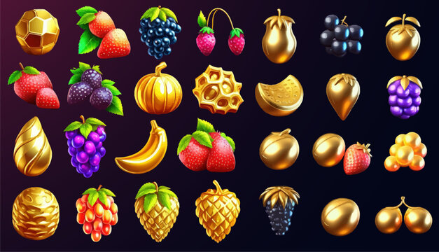 Gold game fruits isolated icons for casino slot machine. Isolated on background. Cartoon vector illustration