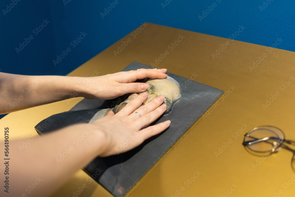 Wall mural woman's hands touches exposition in museum. convex exhibit for visually impaired and blind people. b