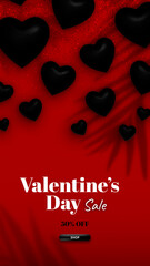 Valentine's day story banner with black hearts and bright red background 