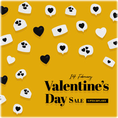 Valentine's day post with cute love heart, chat bubbles and letters yellow background