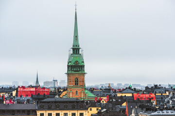 Gamla Stan skyline in Stockholm, Sweden's capital city in winter with Saint Gertrud bell tower