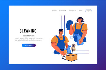 Cleaning service website template with team of workers or janitors, flat cartoon vector illustration on white background. Professional office and house cleaning service advertising banner.