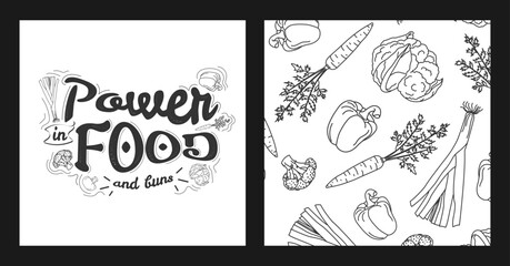 a set with a seamless pattern with healthy food and the inscription strength in food. Vector poster with onions, peppers, carrots, cabbage.