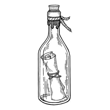Message in bottle engraving PNG illustration with transparent background