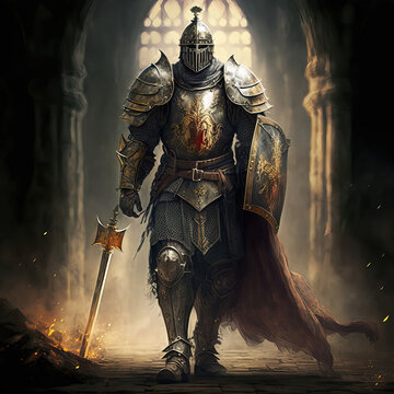 Realistic painting of a beautiful dark knight standing in an arch, with god rays.  - Generative AI