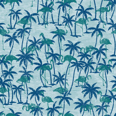Tropical palm trees with flamingo birds wallpaper grunge abstract vector seamless pattern