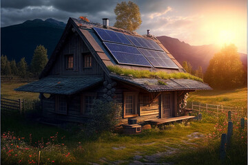 House with solar panels on the roof in a picturesque location. AI generated