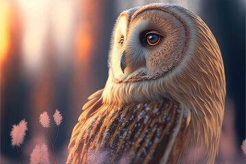 Portrait of a beautiful owl with big orange eyes on a dark background with copy space. A close-up profile of a bird in nature. Generative AI.