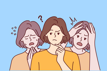 Young thoughtful woman near girls experiencing shock after psychological upheavals. Lady in casual t-shirt touches chin trying to hide fear and depression. Flat vector illustration - obrazy, fototapety, plakaty