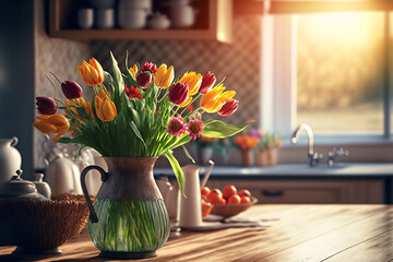 A vase of tulips on a wooden table in an kitchen full of sunshine. Bright kitchen interior background. Spring mood. Ai generated - obrazy, fototapety, plakaty