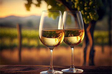 Two glasses of white wine in the background of a vineyard. AI generated.