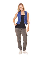 A Gorgeous young blonde in casual wear standing with her hand on her hip and looking at the camera Isolated on a PNG background.