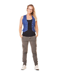 A beautiful young blonde smiling and standing with her hands in her pockets Isolated on a PNG...