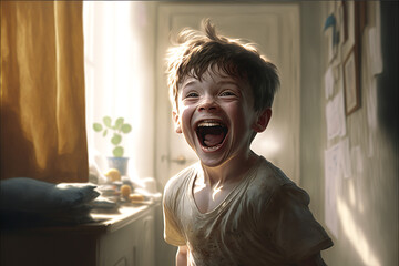 a boy fulfill with happiness, Cute Child Laughing, Generative Ai - obrazy, fototapety, plakaty