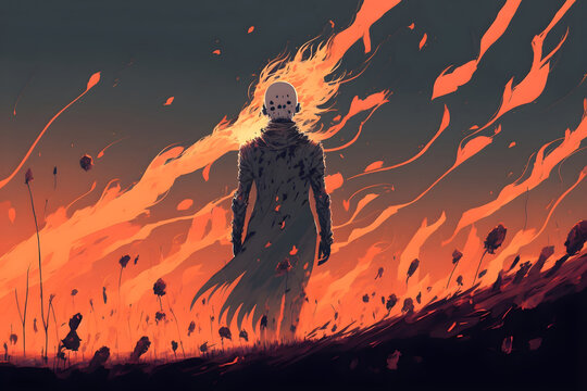 ghost standing in the field of flames, digital art style, illustration painting