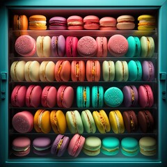 Macaroons, sorted by color, french patisserie in a display fridge, knolling - Generative AI