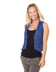 Portrait of a blonde woman wearing a denim waistcoat smiling at the camera