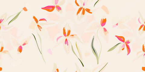 Fototapeta na wymiar Bright hand drawn blossom artistic flowers print. Modern botanical pattern. Fashionable template for design. 