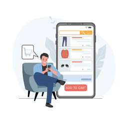 Man ordering clothes in online store via smartphone. Vector illustration.