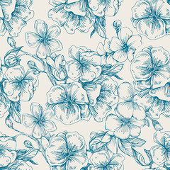 Wildflower Sakura flower pattern in a one line style. Sketch wild flower for background, texture, wrapper pattern, frame or border.