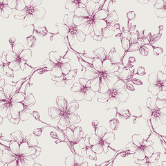 Wildflower Sakura flower pattern in a one line style. Sketch wild flower for background, texture, wrapper pattern, frame or border. © yanushkov