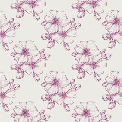 Fototapeta na wymiar Wildflower Sakura flower pattern in a one line style. Sketch wild flower for background, texture, wrapper pattern, frame or border.