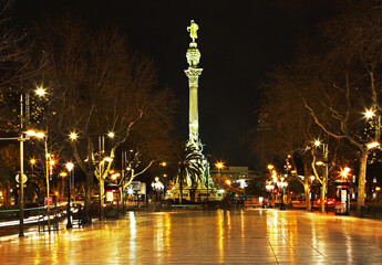 La Rambla boulevard and Columbus monument in Barcelona. Spain