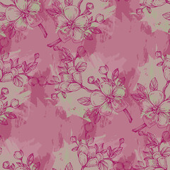 Wildflower Sakura flower pattern in a one line style. Sketch wild flower for background, texture, wrapper pattern, frame or border.