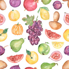 Watercolor autumn mood seamless pattern. Pumpkin, grapes, plum, pomegranate, mushrom, pear print. Fall harvest food print.