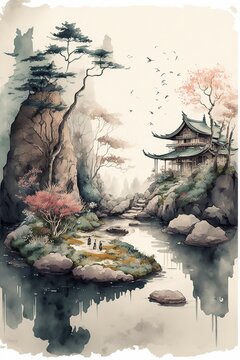 japanese landscape in watercolor with a fairy garden feel and a muted color palette - generative AI © losmostachos