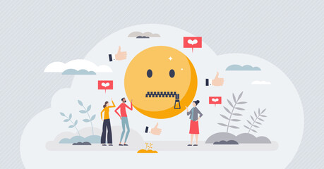 Naklejka na ściany i meble Social media censorship and free speech restriction tiny person concept. Opinion expression limitation with ban or mute on comments or article posts vector illustration. Cancel culture as closed mouth