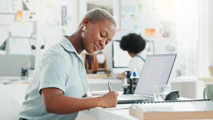 Black woman receptionist, writing notes or letter with laptop on table planning schedule, agenda...