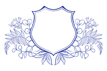 Blue and white wedding Crest template with herbs, eucalyptus and fern branches. Chinoiserie inspired.
