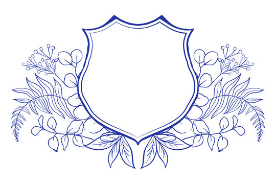 Blue and white wedding Crest template with herbs, eucalyptus and fern branches. Chinoiserie inspired.