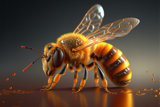 Honey bee, Close-up of a working insect. Seasonal background surrounded by the beautiful light of the rising sun. Moody light. Spring time. Generative AI