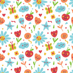 Children's seamless vector pattern with flowers-emoticons, apples, stars in a flat style on a white background, A cheerful children's ornament with smiling stars, apples and flowers for fabric 