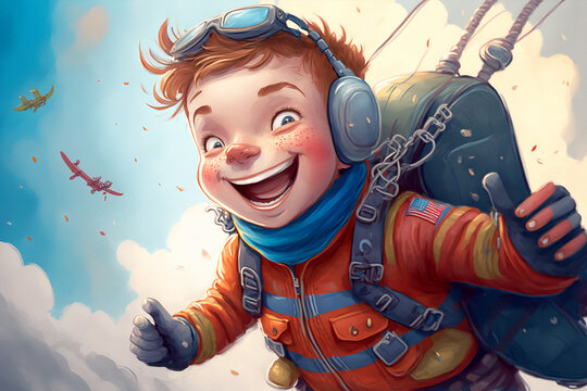 illustration for a children's book of a smiling child skydiving - AI generative