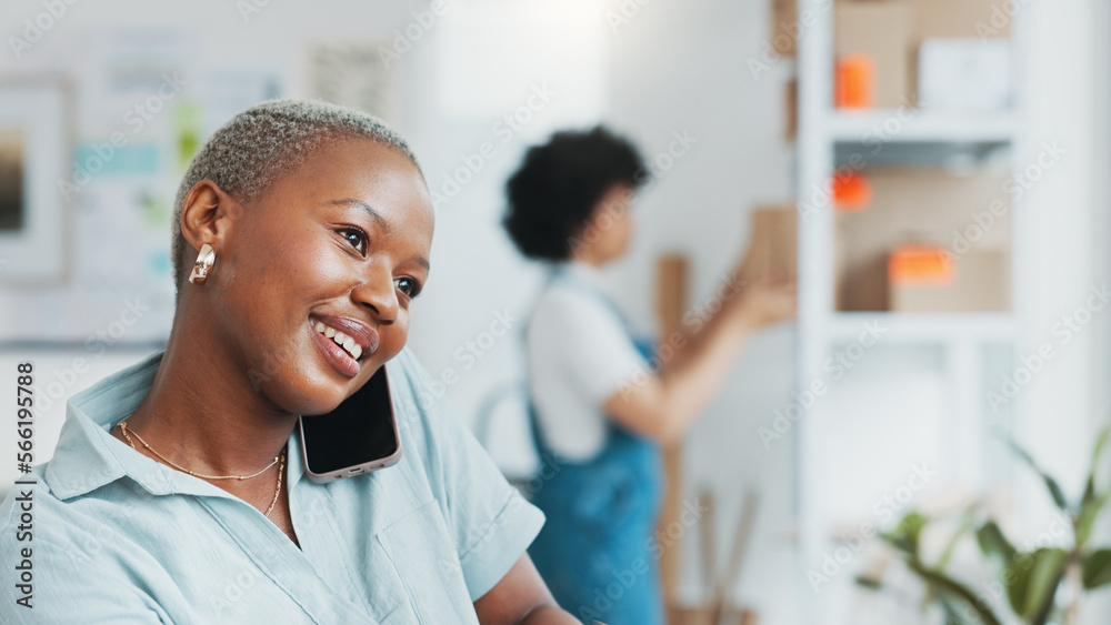 Poster black, businesswoman and phone call in logistics startup consulting with customer while working at o