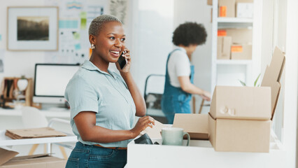 Obraz premium Ecommerce, box and phone call communication for girl in conversation, discussion or talking about product shipping. Supply chain, online shopping sale and black woman speaking on 5g smartphone call