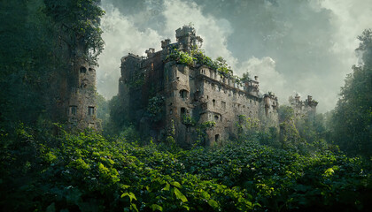 Abandoned ancient castle overgrown with greenery, fantasy wallpaper. AI

