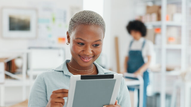 Woman entrepreneur, small business and tablet logistics planning for online customer orders, ecommerce management and supply chain shipping. Black female manager, digital inventory and startup store