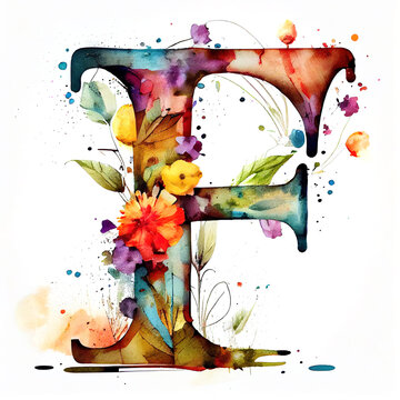 Capital letter F made of watercolour flowers and, flourish ornaments. Isolated on white background. Colourful alphabet series. Digitally generated AI image